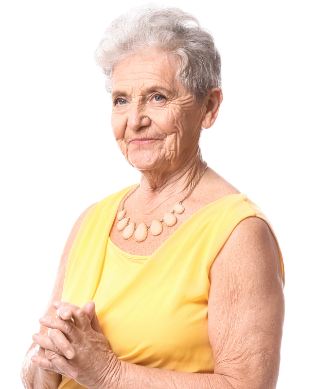 Elderly lady smiling away from camera with hands clasped wearing Yellow top