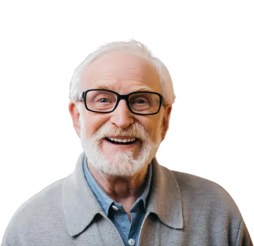 Elderly man with glasses smiling at camera